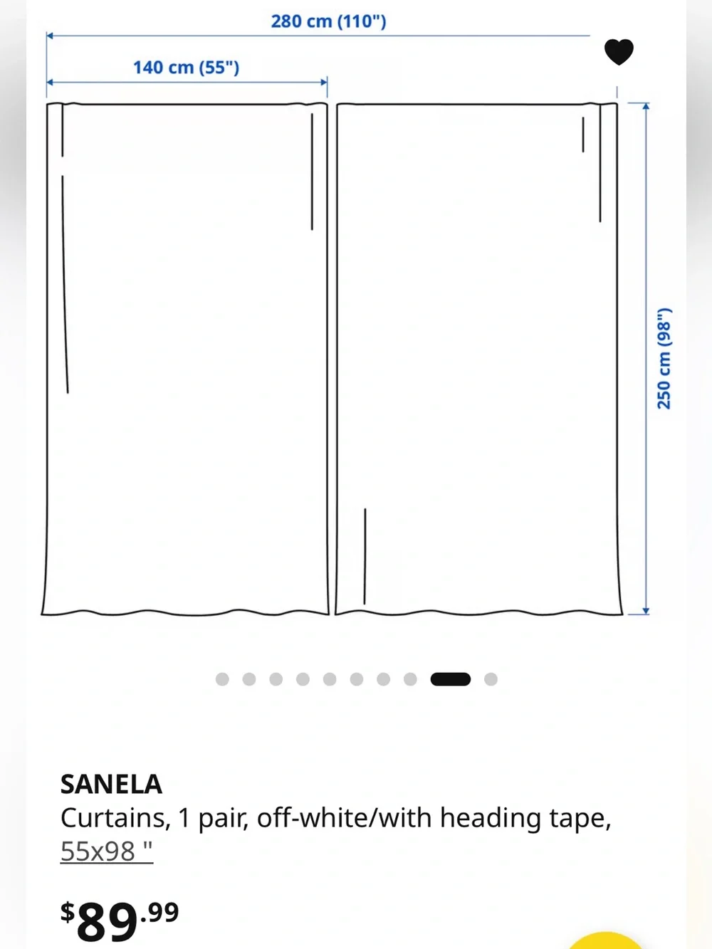 IKEA Sanela Off White Curtains, 1 pair, off-white/with heading tape, 55x98 